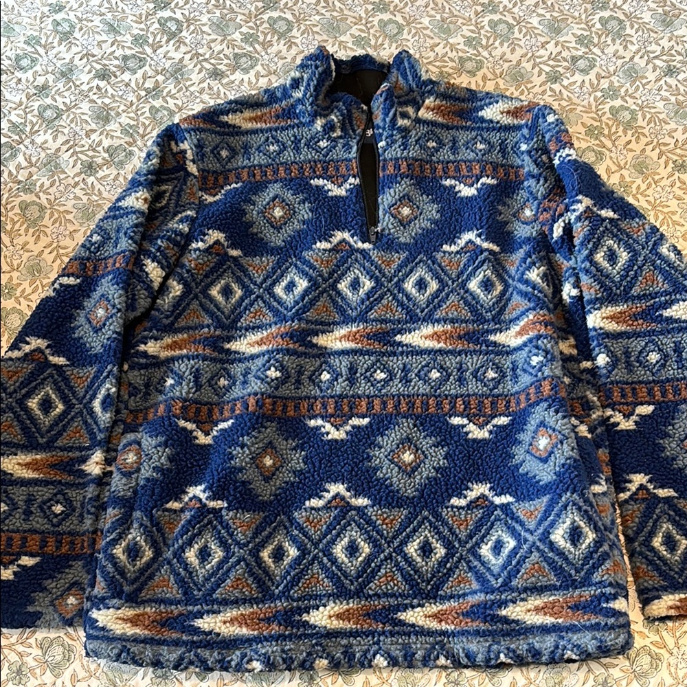 Wrangler Blue and Brown Zip Up Sweater with Geometric Pattern